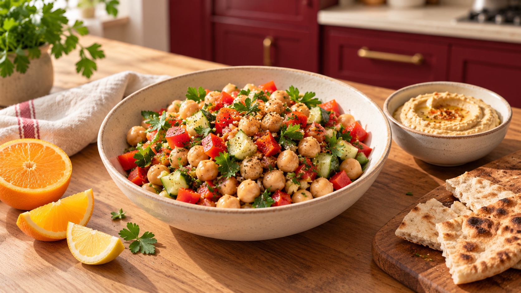 Chickpea salad with red pepper, cucumber and parsley, beside hummus, flatbread and citrus on a wooden counter; AI-generated editorial image