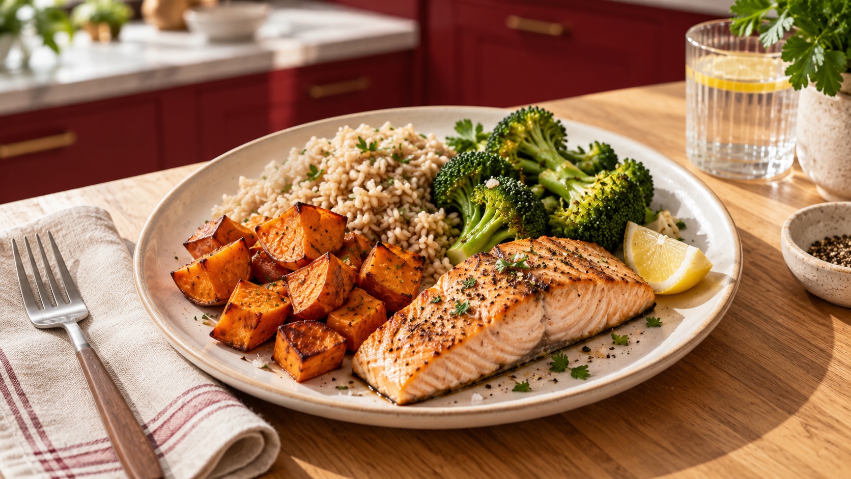 Cooked salmon, roasted sweet potato, grain and broccoli on a cream plate in a burgundy kitchen; AI-generated editorial image