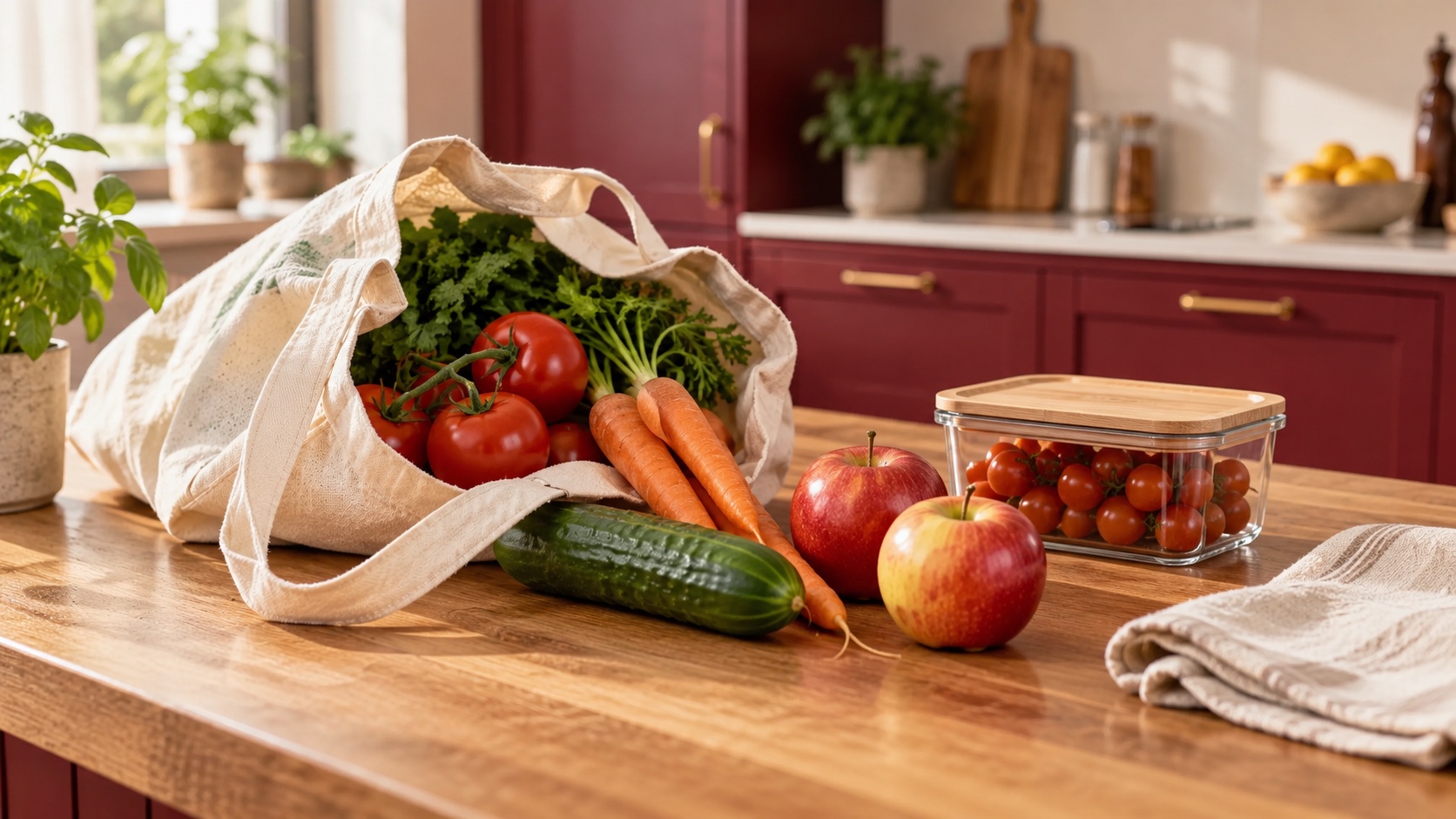 Tomatoes, carrots, cucumber and apples beside a canvas bag and reusable container in a burgundy kitchen; AI-generated editorial image