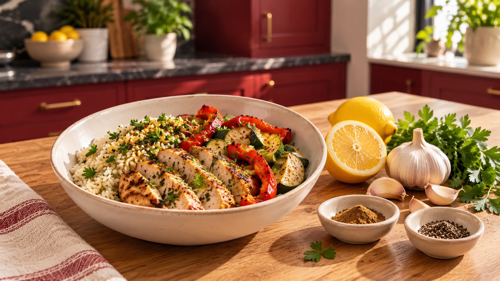 Cooked chicken, rice and roasted vegetables with lemon, garlic, herbs and spices in a burgundy kitchen; AI-generated editorial image