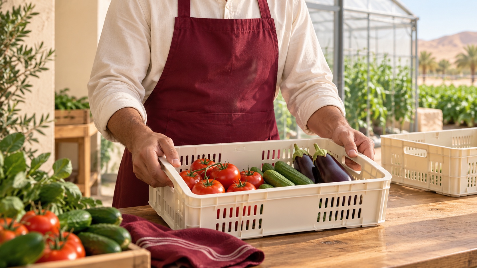 Farmer in a burgundy apron holding a cream crate of tomatoes, cucumbers and aubergines; AI-generated editorial illustration