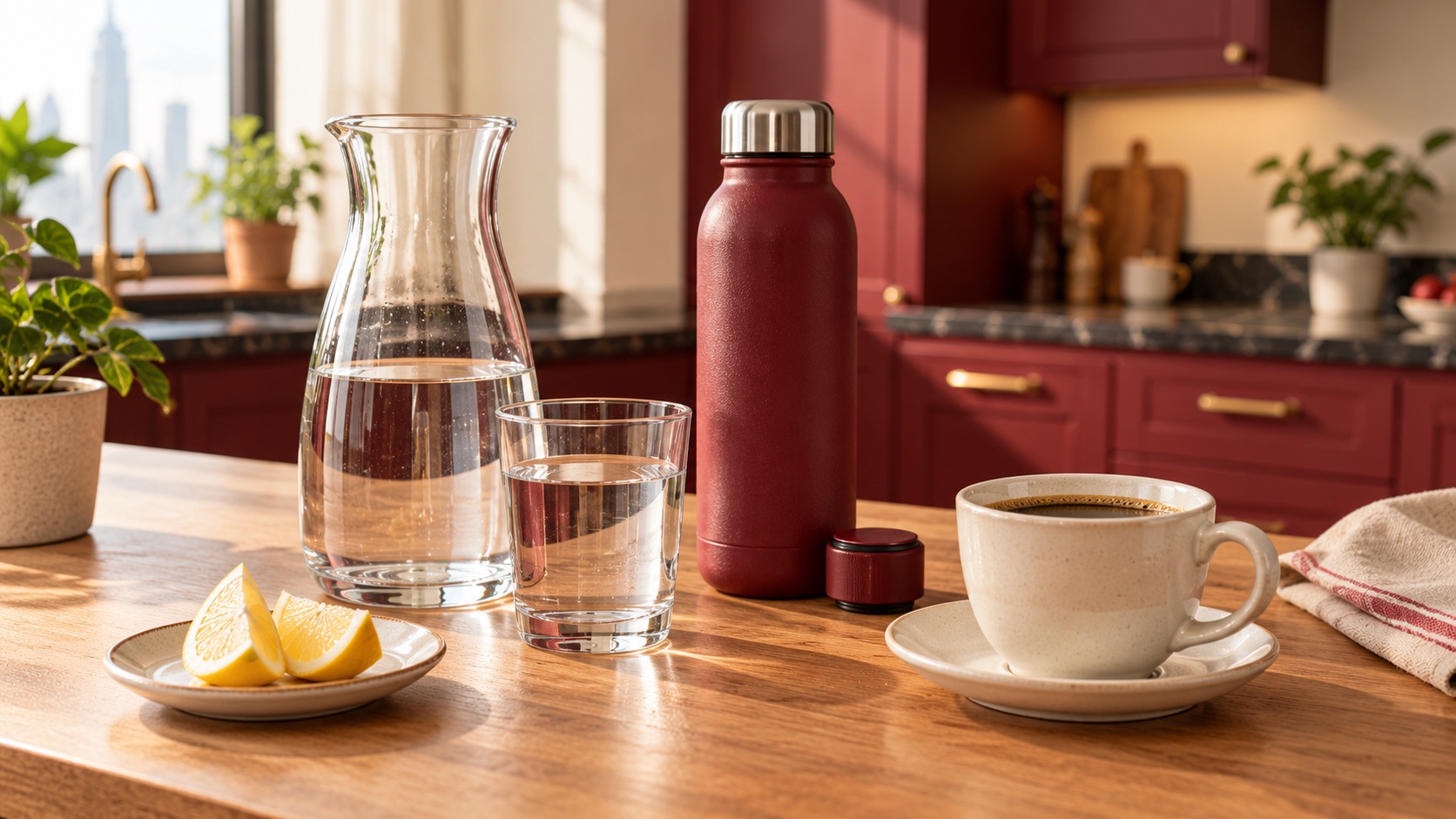 Water carafe, drinking glass, burgundy reusable bottle and a cream coffee cup in a sunlit kitchen; AI-generated editorial illustration