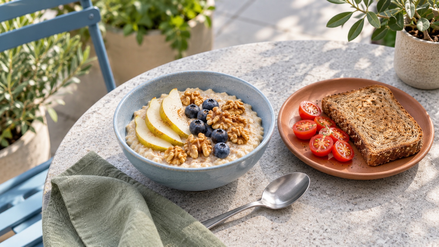 Oat porridge with pear, blueberries and walnuts beside wholemeal toast on a blue and green terrace; AI-generated editorial illustration
