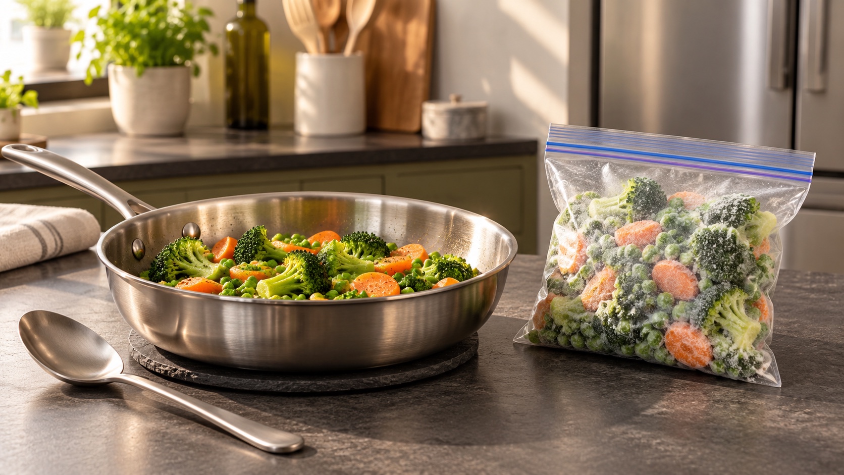 Cooked peas, broccoli and carrots beside a sealed bag of frozen vegetables in an olive-grey kitchen; AI-generated editorial illustration