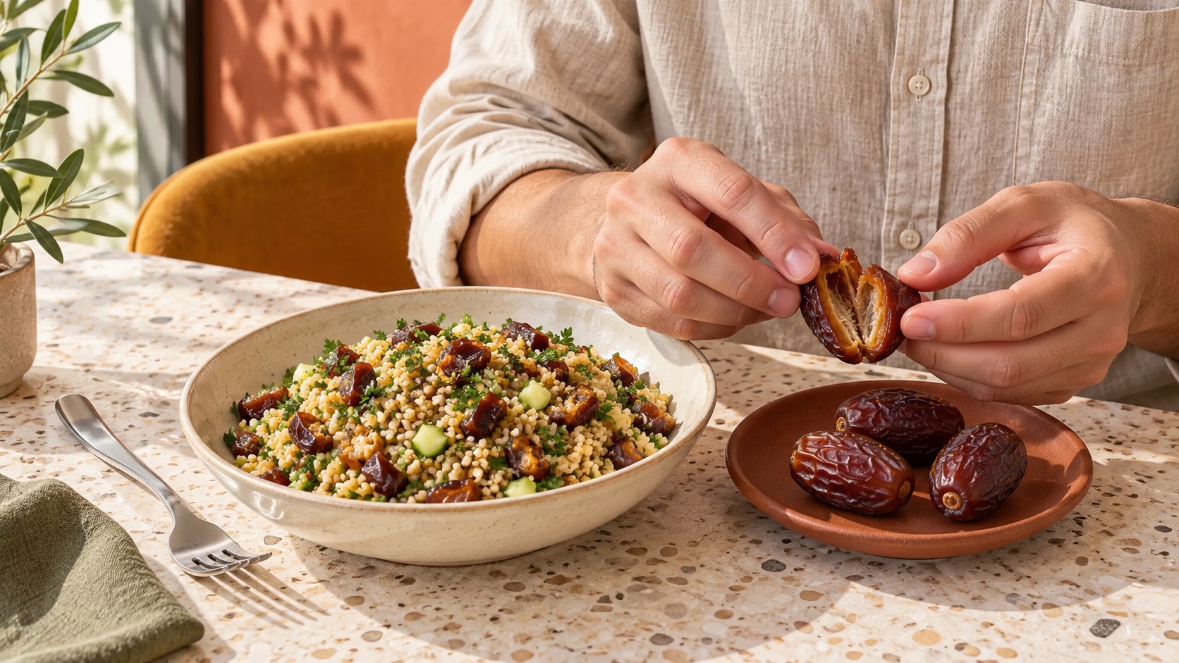 An adult showing a pitted date beside a bulgur, date and herb salad at a terracotta café table; AI-generated editorial illustration
