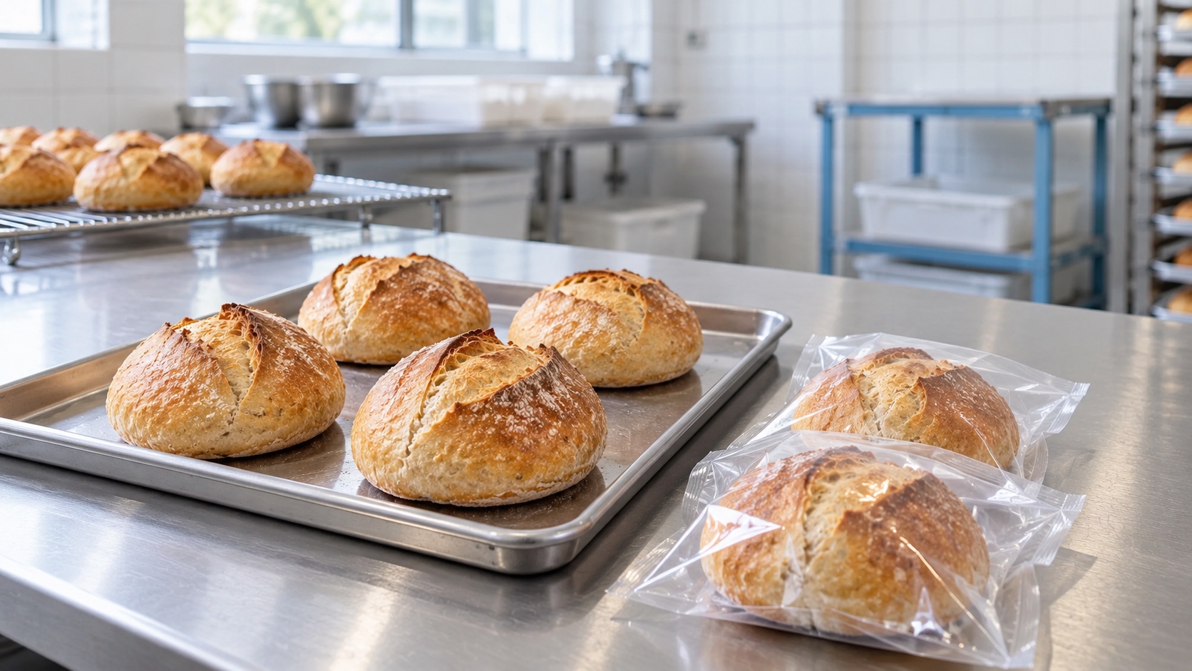 Cooled bread rolls and plain sealed packs in a generic professional bakery production room; AI-generated editorial illustration