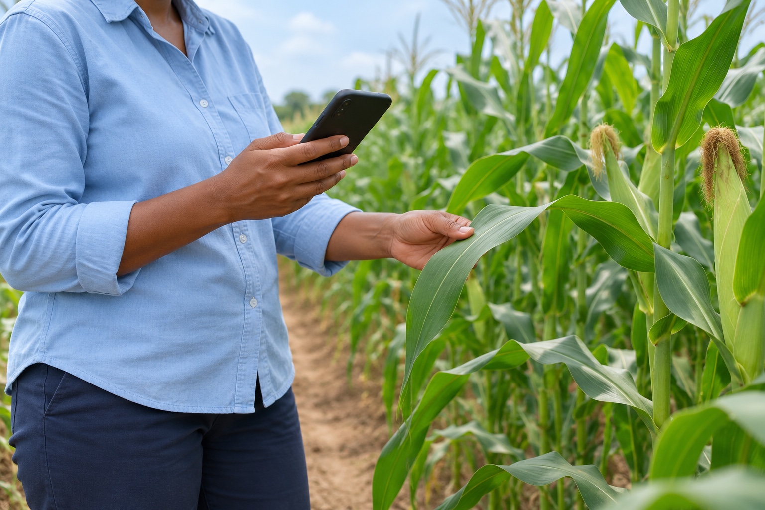 Anonymous farmer holding a smartphone beside maize plants in an outdoor plot; AI-generated editorial illustration