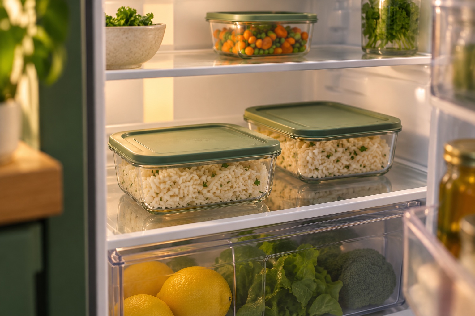 Sealed shallow containers of cooled rice on a home refrigerator shelf with sage-green lids; AI-generated editorial illustration
