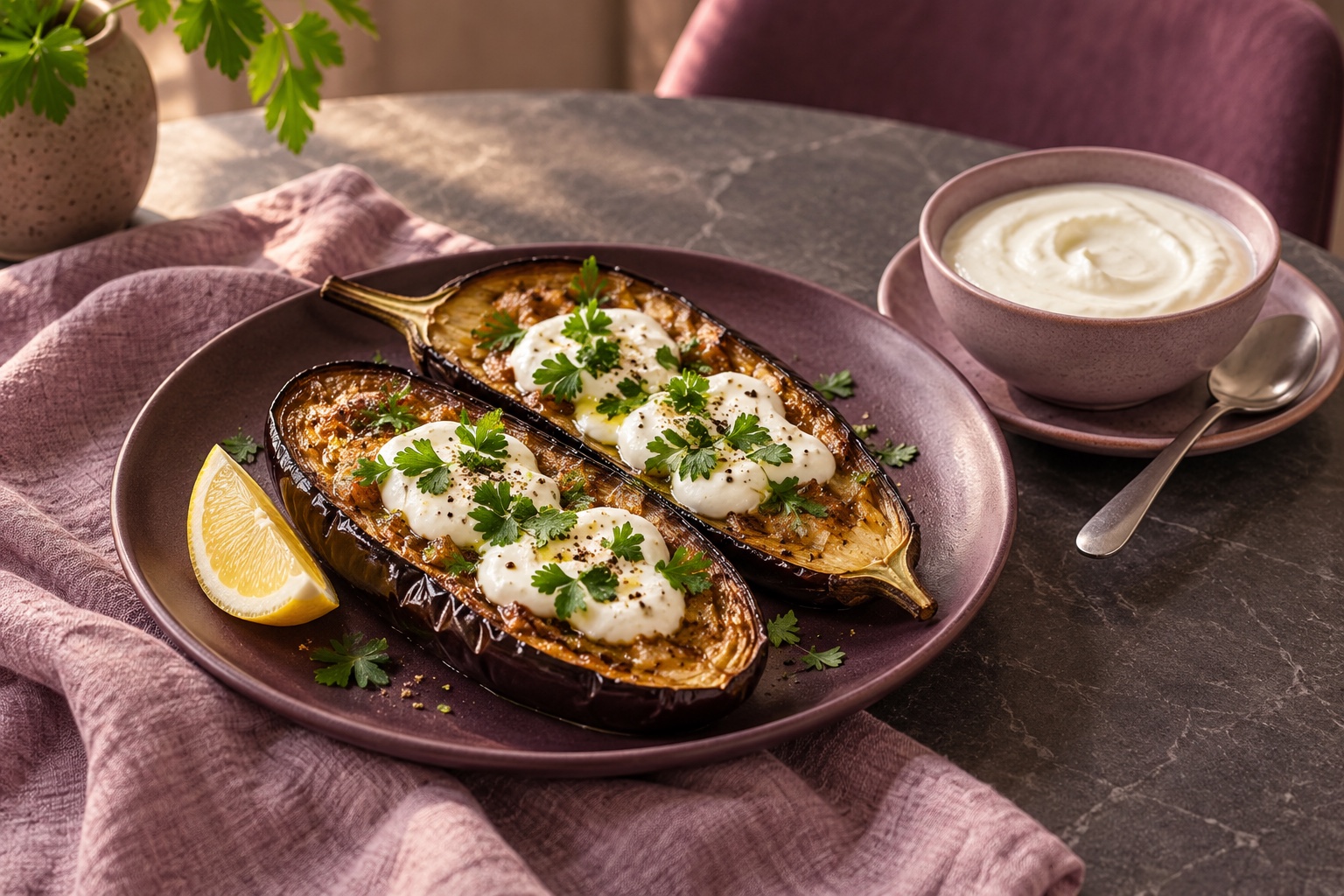 Roasted aubergine with herb yoghurt on a plum ceramic plate beside a bowl of plain yoghurt; AI-generated editorial illustration