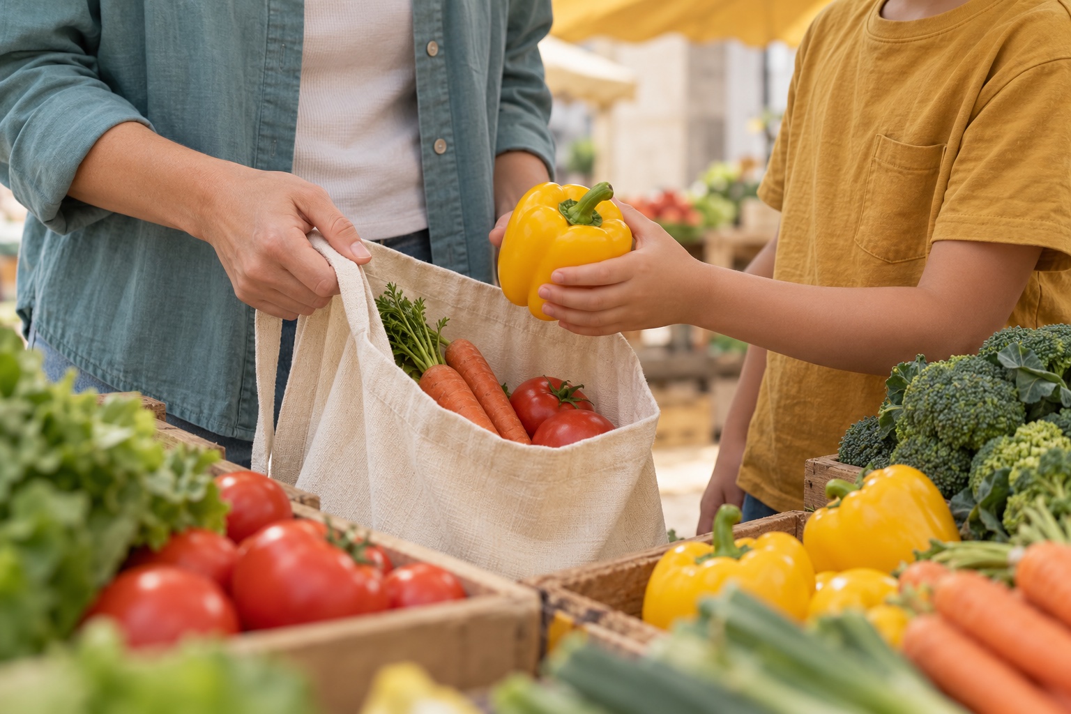 Caregiver and child selecting a yellow pepper at a produce stall, faces out of frame; AI-generated editorial illustration