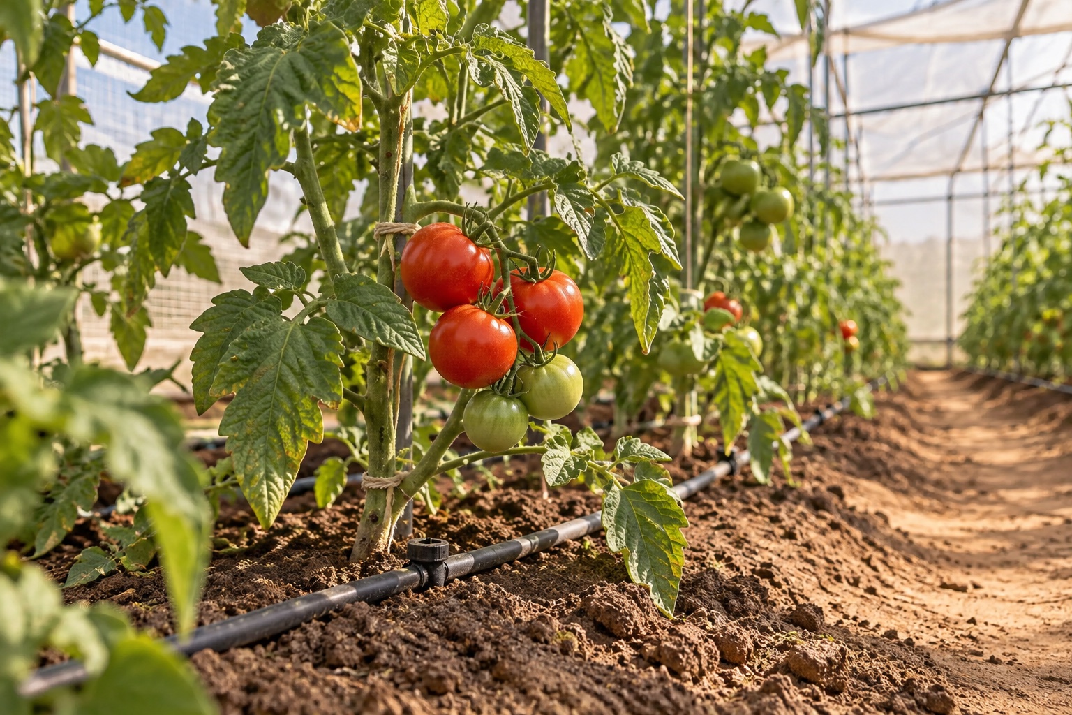 Tomatoes on a greenhouse vine above a drip-irrigation line in soil; AI-generated editorial illustration