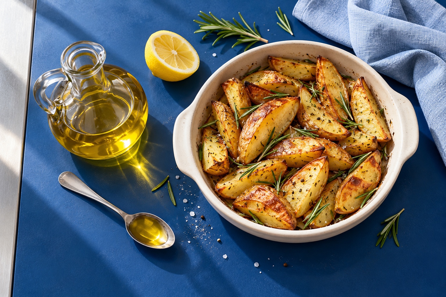 Olive oil and a teaspoon beside roasted potatoes on a blue kitchen worktop; AI-generated editorial illustration