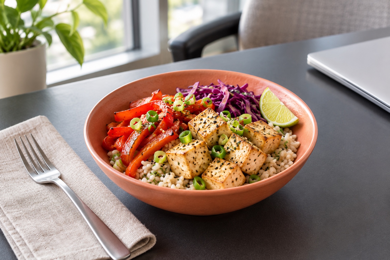 Golden-edged tofu with grains, peppers and purple cabbage in a coral office lunch bowl; AI-generated editorial illustration
